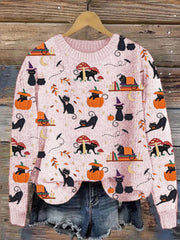 Black Cat Pumpkin Embroidery Pattern Knit Sweater