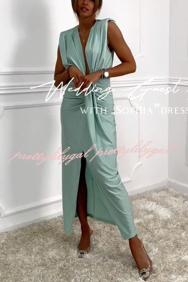 Classic and Sexy Dates V-neck Ruched Drape Slit Midi Dress