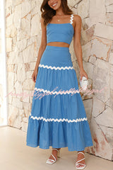 Island Beauty Wave Trim Patchwork Crop Tank and Elastic Waist Skirt Set