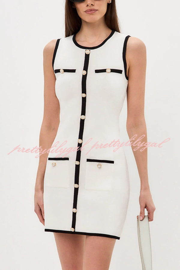 Elegant Sleeveless Round Neck Pearl Button Knitted Mini Dress