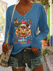 Happy Hallothanksmas Owl Print V Neck T Shirt