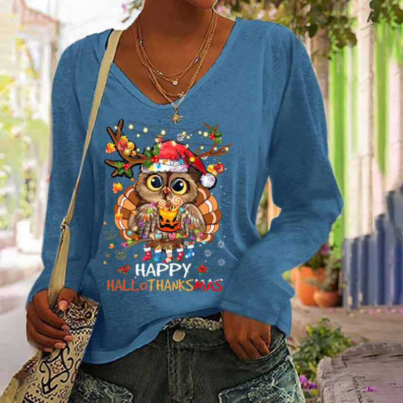 Happy Hallothanksmas Owl Print V Neck T Shirt