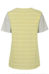 Women's Yellow Striped Short Sleeve Contrast Color T-Shirt with Pocket