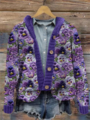 Pansy Flowers Embroidery Pattern Cozy Knit Hooded Cardigan