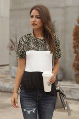Women's Fashion Black Color Block Leopard Short Sleeve Tee