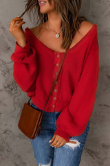 Women's Red Button Front Distressed Knit Top