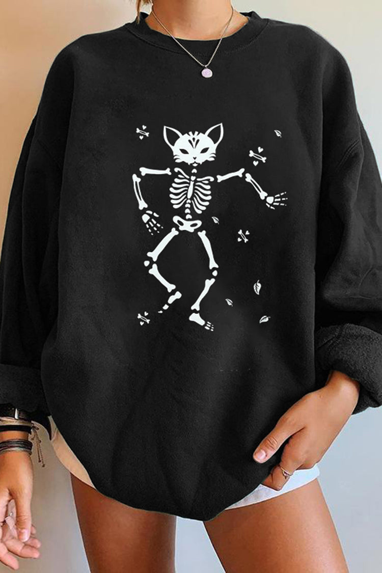 Dancing Skull Cat Print Sweatshirt