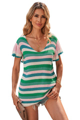 Women's Cute Green Striped Ruffle Short Sleeve Knit Top