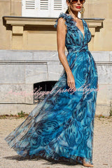 Elegant Romance Tulle Printed Pleated Flower Pendant Maxi Dress