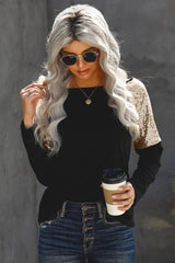 Women's New Black Sequin Shoulder Long Sleeve Top