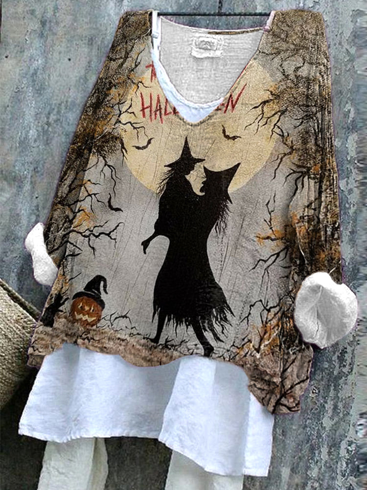 Women's Halloween Witch Night Pattern Linen Blend Shirt