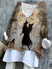 Women's Halloween Witch Night Pattern Linen Blend Shirt