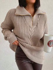 Polo Neck Twist Sweater Loose Casual Zipper Sweater