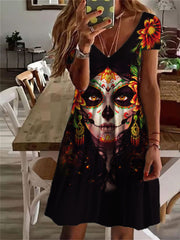Day of the Dead Skull Print V Neck Midi Dress