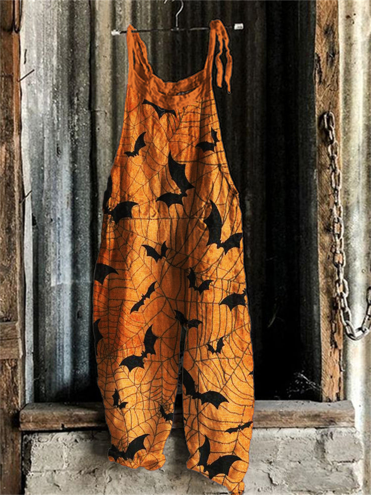 Halloween Bats on Spiderweb Graphic Loose Fit Jumpsuit