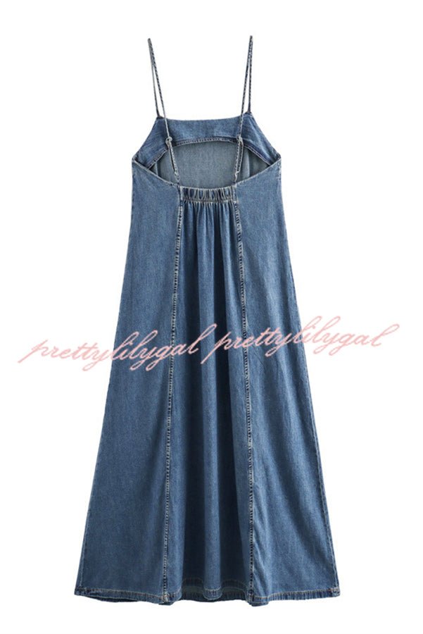 Tenaya Denim Back Elastic A-line Loose Slip Maxi Dress