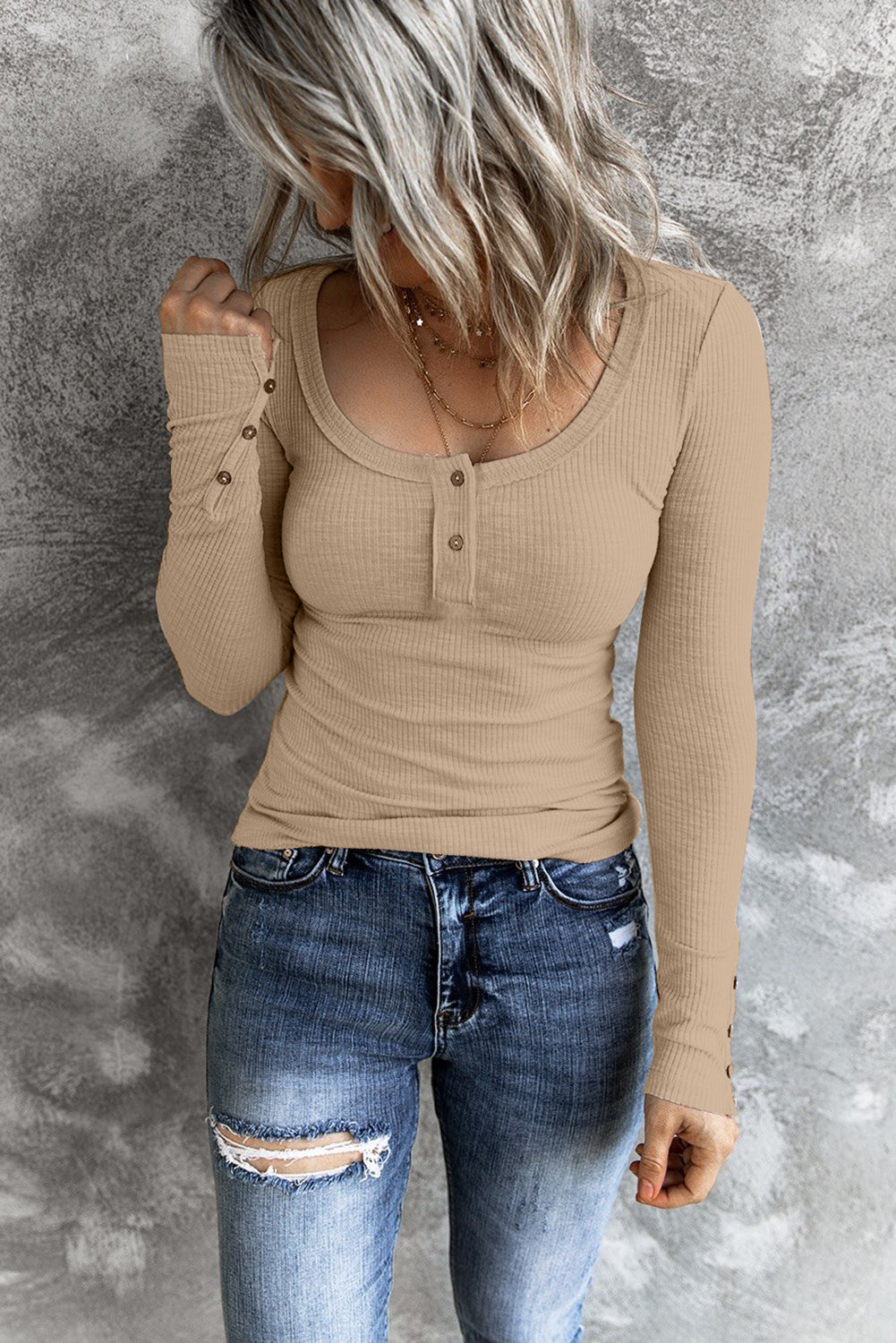 Women's Crewneck Buttons Ribbed Knit Top
