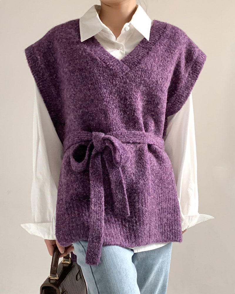 V-neck knitted wool oversized slouchy vest sweater