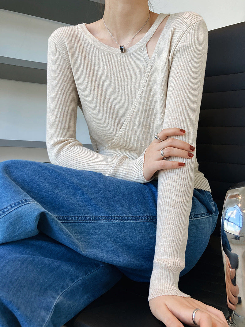 Two False Hollow Out Shoulder Sweater Female Design Sense Hanging Neck Top