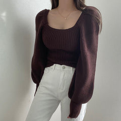 Plain Knit Top With Square Collar And Bubble Sleeves