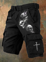 Men's Retro Dark Style Skull Print Work Shorts (Without Belt)