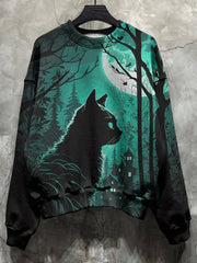 Vintage Noctilucent Cat Print Long Sleeve Sweatshirt