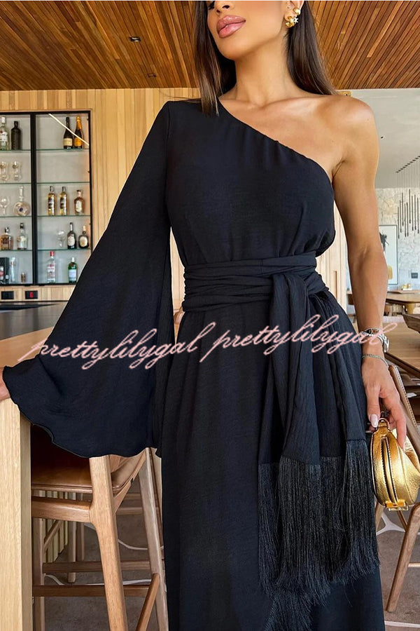 Solid Color One-sleeve Waisted Lace-up Fringed Hem Elegant Maxi Dress