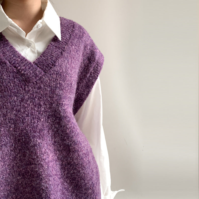 V-neck knitted wool oversized slouchy vest sweater
