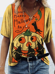 Vintage Halloween Pumpkin & Witches V Neck T Shirt
