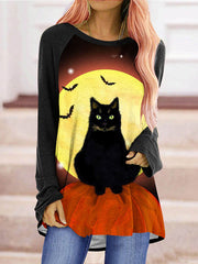 Crew Neck Halloween Cat Pumpkin Tunic