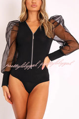 Solid Color Zip Front Sheer Puff Sleeves Bodysuit