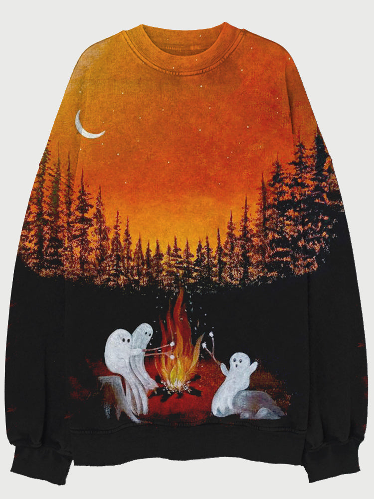 Vintage Halloween Ghost Art Crew Neck Washed Sweatshirt