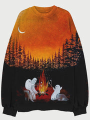 Vintage Halloween Ghost Art Crew Neck Washed Sweatshirt