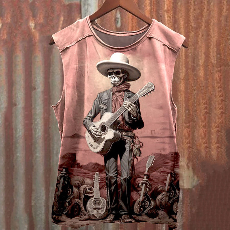 Men's Vintage Skull Cowboy Art Print Casual Tank Top