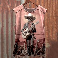 Men's Vintage Skull Cowboy Art Print Casual Tank Top