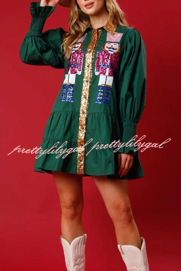 Nutcracker Sequined Button Down Long Sleeve Mini Dress
