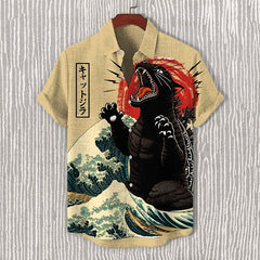 Men's Sea Wave Catzilla Cat Japanese Art Print Casual Shirt
