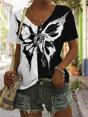 Skeleton Spooky Butterfly Contrast V Neck T Shirt