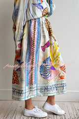 Dreamy Ocean Satin Unique Print Elastic Waist Pocket Vacation Midi Skirt