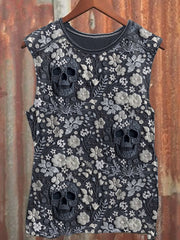 Men's Floral Skull Embroidery Pattern Vintage Tank Top