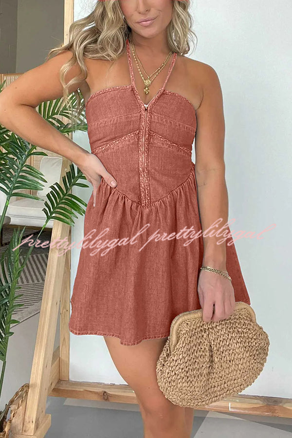 Sexy Halter Neck Backless Front Zip Denim Mini Dress
