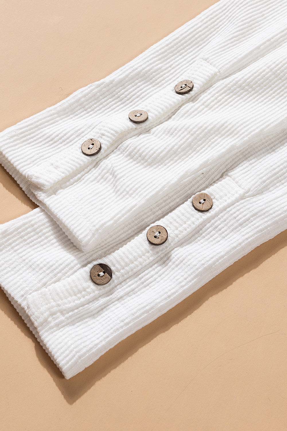 Women's Casual White Crewneck Buttons Ribbed Knit Long Sleeve Top