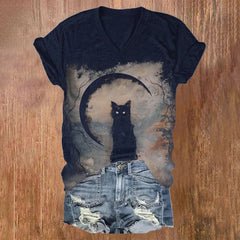 Halloween Vintage Cat Print T-Shirt