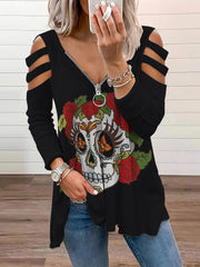 Rose Skull Print Cutout T-Shirt