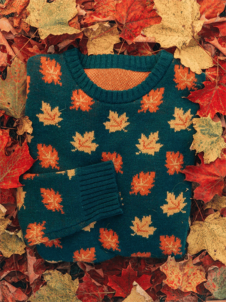 Women's Halloween Maple Leaf Design Printed Crew Neck Sweatshirt