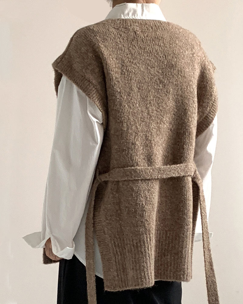 V-Neck Slit Belt Soft Waxy Sweater Jacket Vest