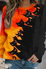 Halloween Contrast Cat Print Crew Neck Sweatshirt