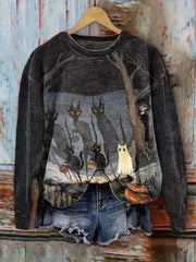 Halloween Black Cat Print Casual Crew Neck Sweatshirt