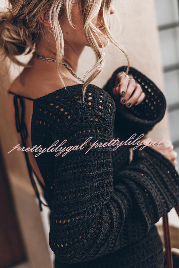 Sunset Love Knit Open Back Tie-up Flare Sleeve Cover Up Mini Dress