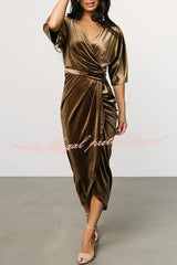 Brendy V Neck Half Sleeve Velvet Pleated Midi Dress